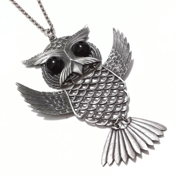 Large Open Wing Pewter Articulated Owl Vintage Pendant Necklace * - Picture 1 of 7